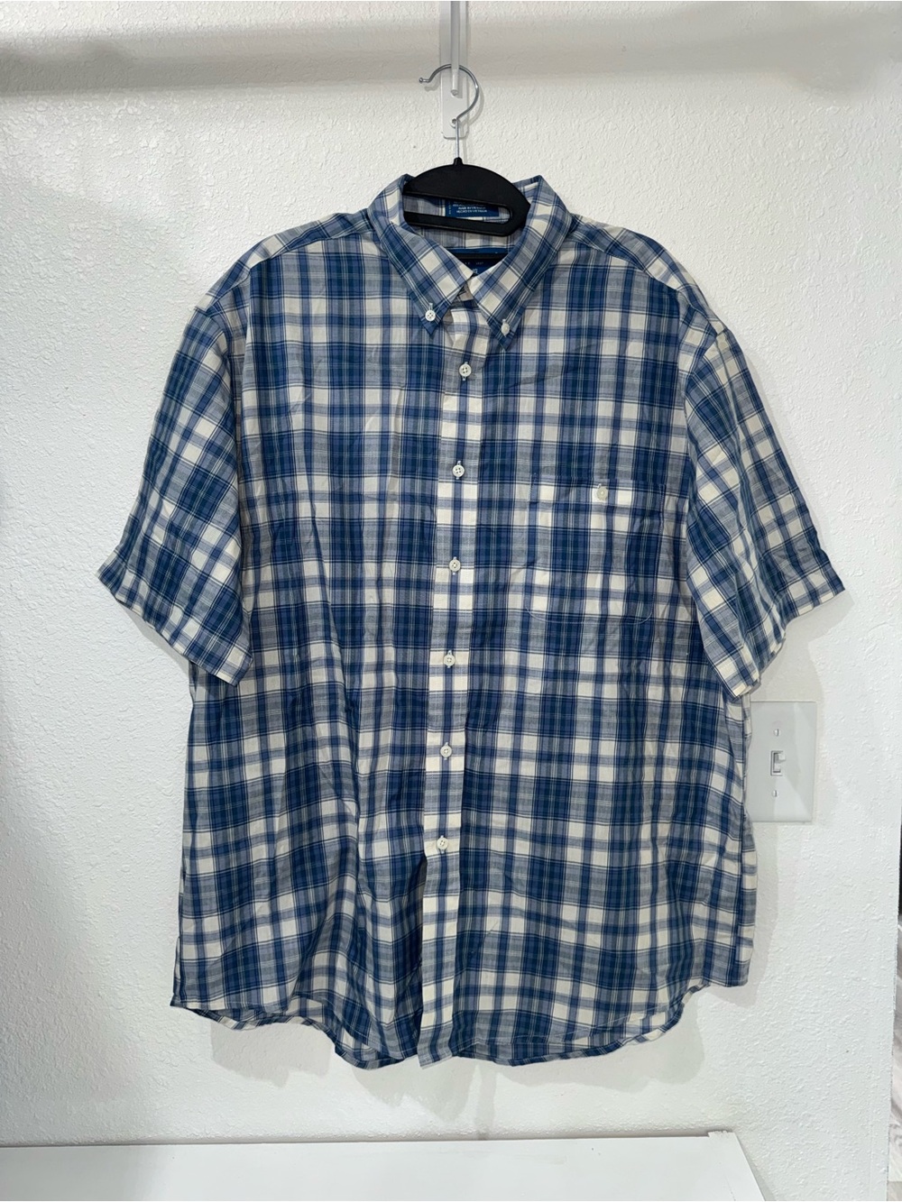 Towncraft Blue and White Plaid Short-Sleeve Button-Down Shirt